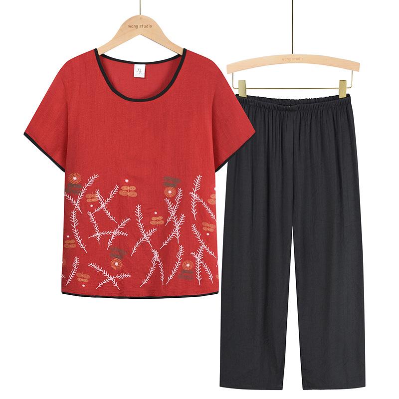 Летние двухкомпонентные топы из хлопка и льна для женщин 60-70 лет - Короткий рукав