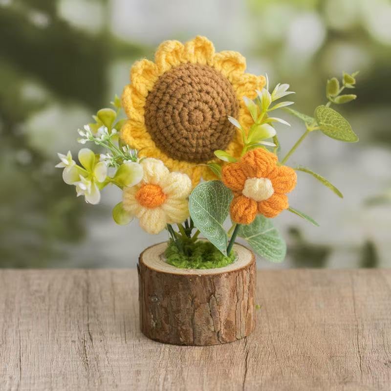 Handmade Crochet Sunflower Bouquet in Pot-Charming Knitted Creative Mini Flower Bouquet,Forever Blooming Home Desktop Decor or Gift for