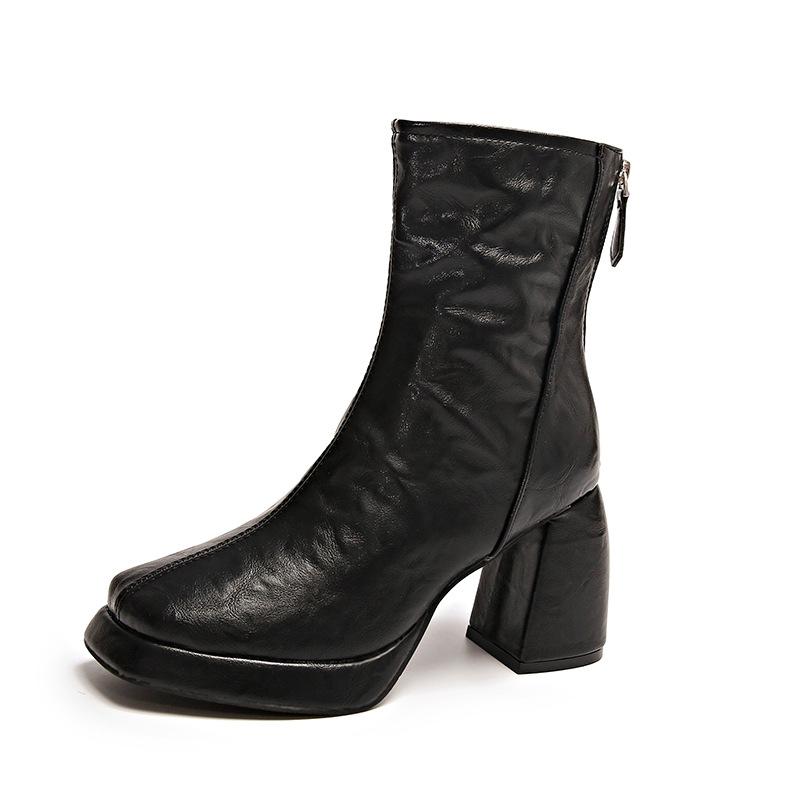 French short boots women's high-heeled thick-heeled waterproof rear zipper 2025 new Korean version autumn and winter black high heels