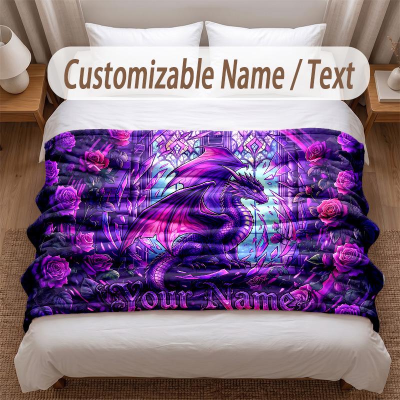 Rose Floral Theme Soft Blanket Personalized Custom Name Text Print Warm Blanket Home Sofa Bedroom Decor