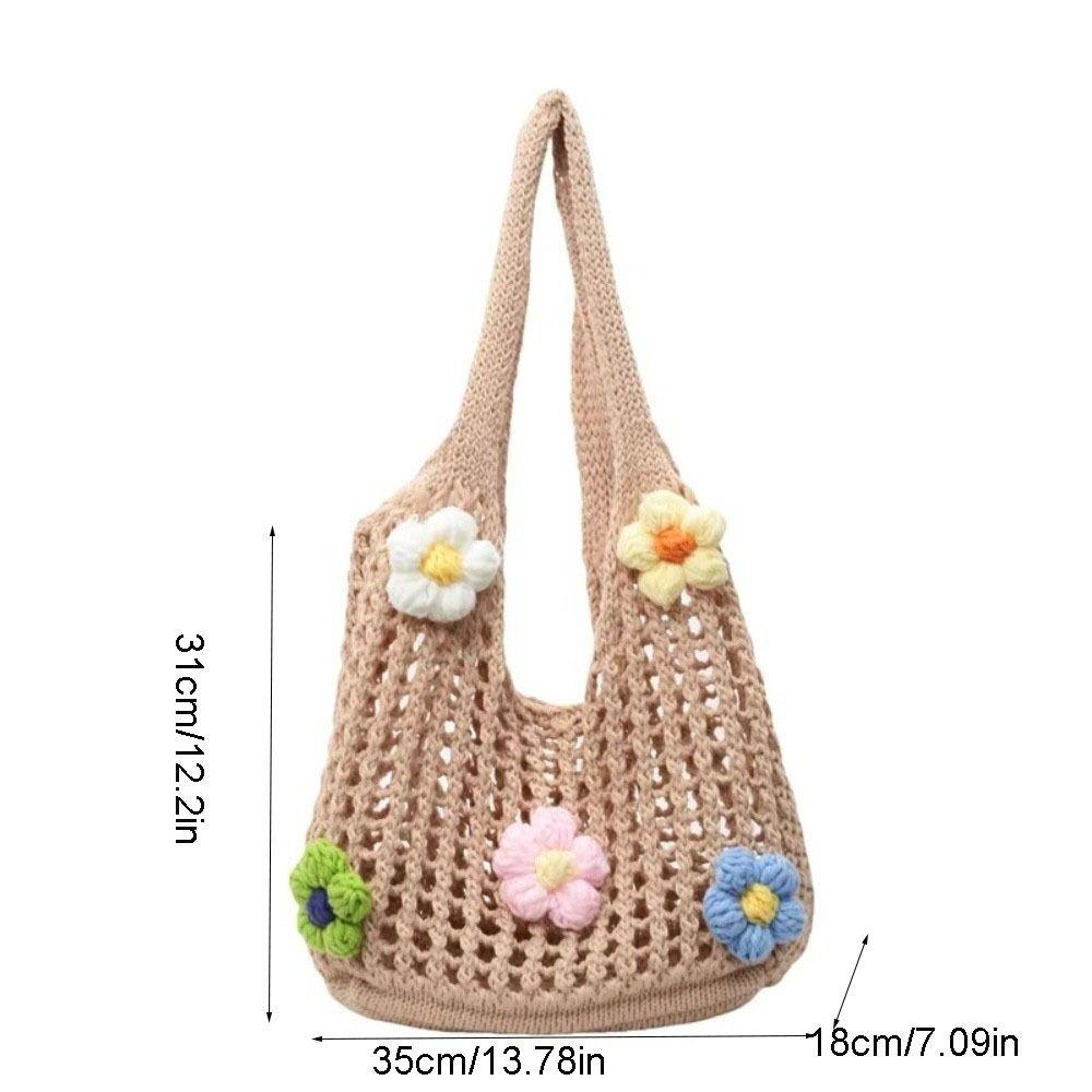 Simple Multicolor Flower Woven Bag Hollow Bohemian Style Knitting Tote Bag Large Capacity Handbag Hollow Shoulder Bag Seaside