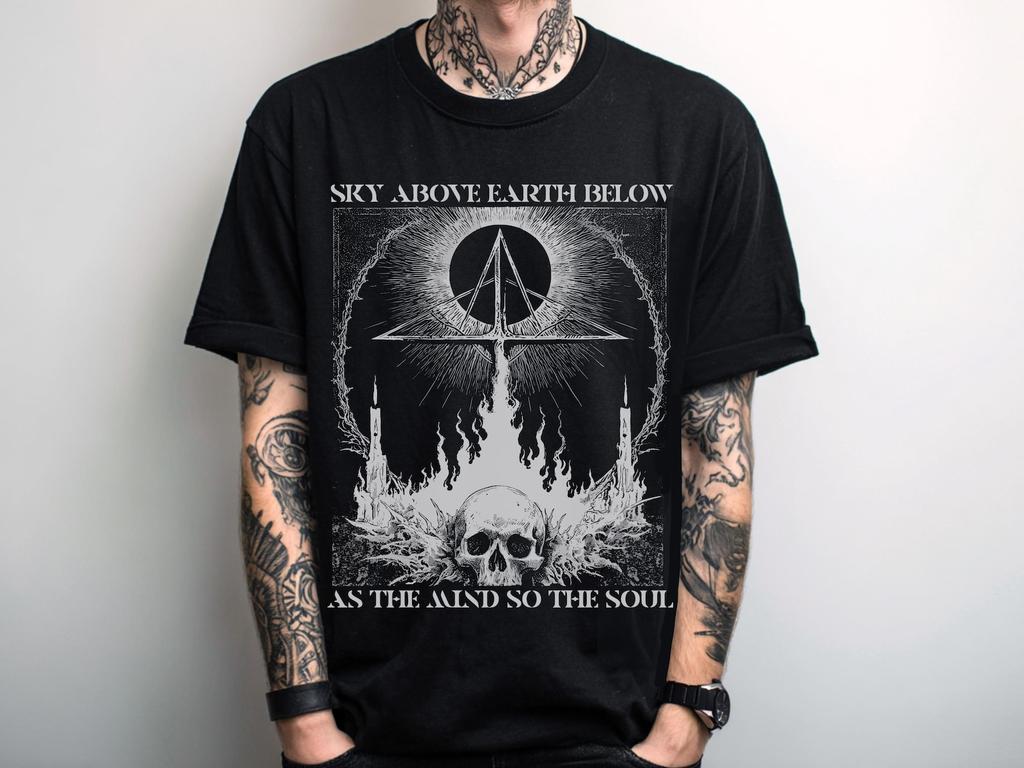 Unisex Occult Skull Gothic Graphic T-Shirt, Weirdcore Trippy Shirt, Gothic Clothes, Men's Punk Grunge Shirt, Goth Gift For Him Her