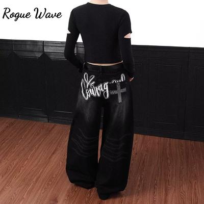 RogueWave Y2k Винтажные Джинсы с Вышивкой Черными Буквами, Вываренные, Харадзюку, Широкие Штанины, Американский Ретро, Сабля, Деним, Мешковатые, Повседневные