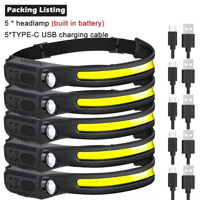 Мощный индукционный налобный фонарь COB LED, встроенный аккумулятор, USB-перезаряжаемый, налобный фонарь, уличный, водонепроницаемый, для кемпинга, рыбалки, фара