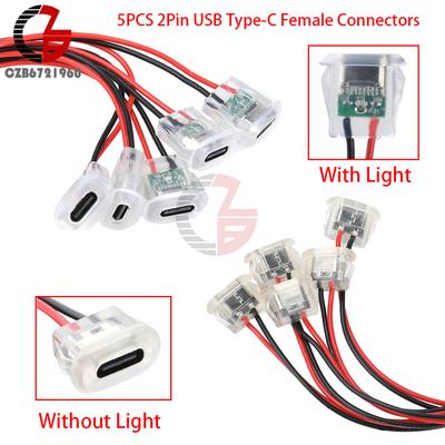 5 шт. 2-контактные USB Type-C разъемы female, гнездо для зарядки, водонепроницаемый USB-C порт питания, провод 24 AWG со светодиодной подсветкой