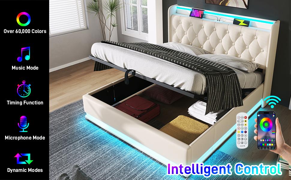 Upholstered Double Bed, 360 LED, Button/App/Remote, 140*190 cm, White PU Hydraulic Storage Bed, Headboard, USB Type-C Charging (Without Mattress)