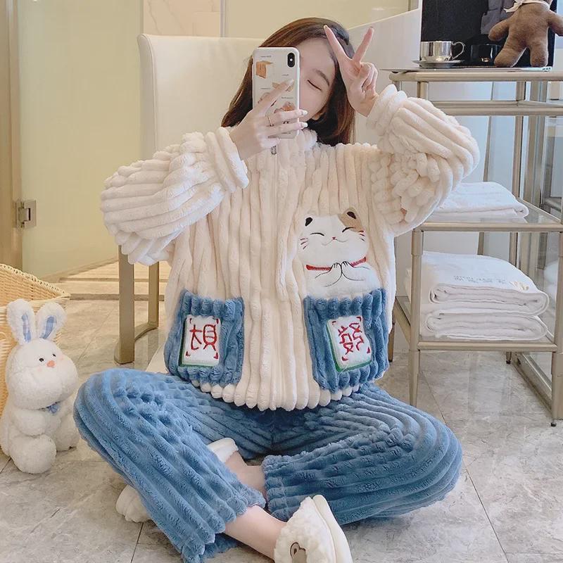 Женская зимняя пижама больших размеров из кораллового и жаккардового бархата - Милая и уютная домашняя одежда (До 200 фунтов)