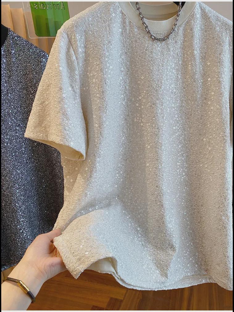 2024 Мужская шикарная шелковая футболка с пайетками - Европейский свободный крой с коротким рукавом