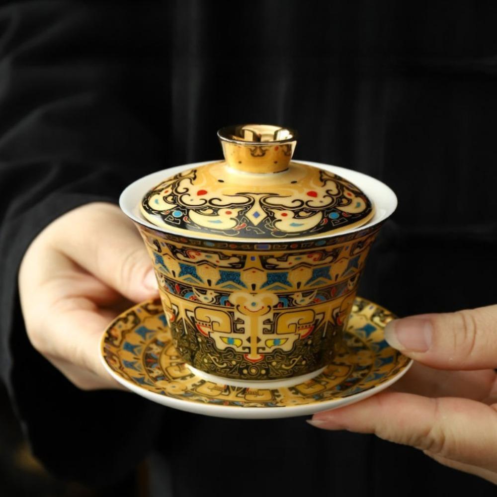 Большая позолоченная крытая чаша в китайском стиле, эмалированная цветная керамика Саньцай, чайная чаша в ретро стиле, позолоченный серебряный чайный сервиз в дворцовом стиле