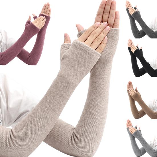 1 Pair Fall Winter Gloves Fingerless Knitted High Elasticity Non-slip Arm Warmers Pure Color Arm Sleeves Keep Warm Windproof Cycling Arm Covers