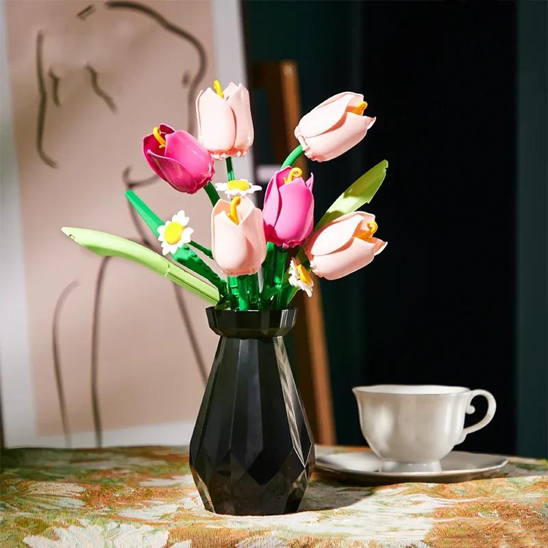 Rose Tulips Flower Model Building Blocks Set 3D Bouquet Bricks DIY Kids Toys Home Decoration Adult For Girls Holiday Day Gifts