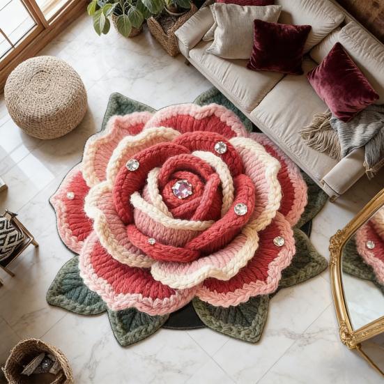 Цветочный Плюшевый Коврик для Пола 3D Реалистичный Стразы Крючком Роза Узор Нескользящий Напольный Коврик Быстросохнущий Впитывающий Коврик для Ванной Комнаты Кухни