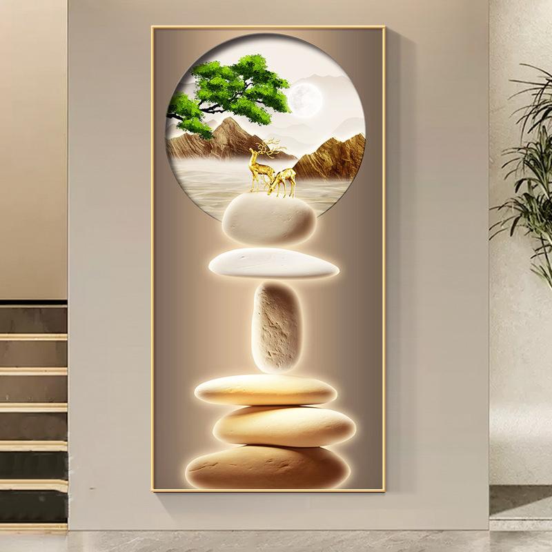 Китайский стиль Дзен-камень Золотой олень Картина на холсте Настенное искусство Богатые постеры с деревьями Фэншуй Настенное искусство для крыльца Декор стены Без рамки