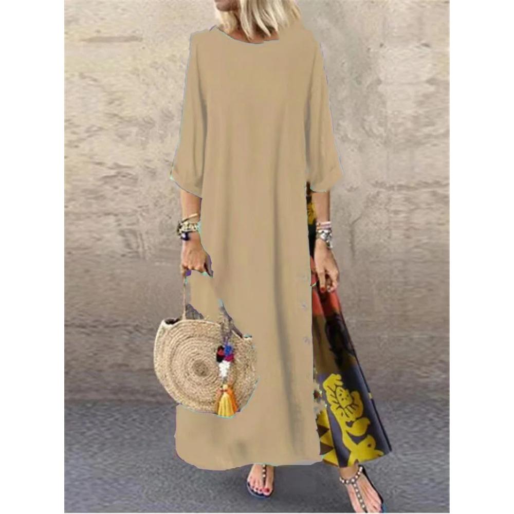 Хлопок лен винтажные длинные платья женские рукава три четверти с принтом свободного покроя А-силуэта модное повседневное женское макси платье