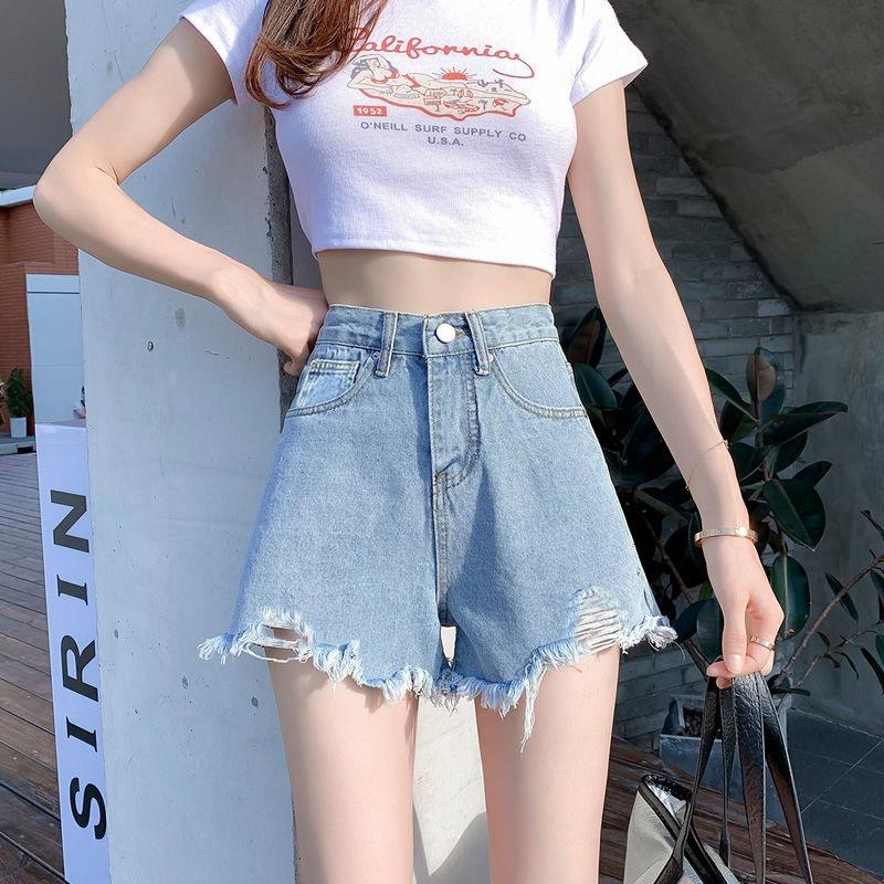 Classic and Minimalist Fashion Versatile Broken Holes Female Summer High-waisted Thin Raw Edge A-line Wide-leg Denim Shorts Individuality Trendiness