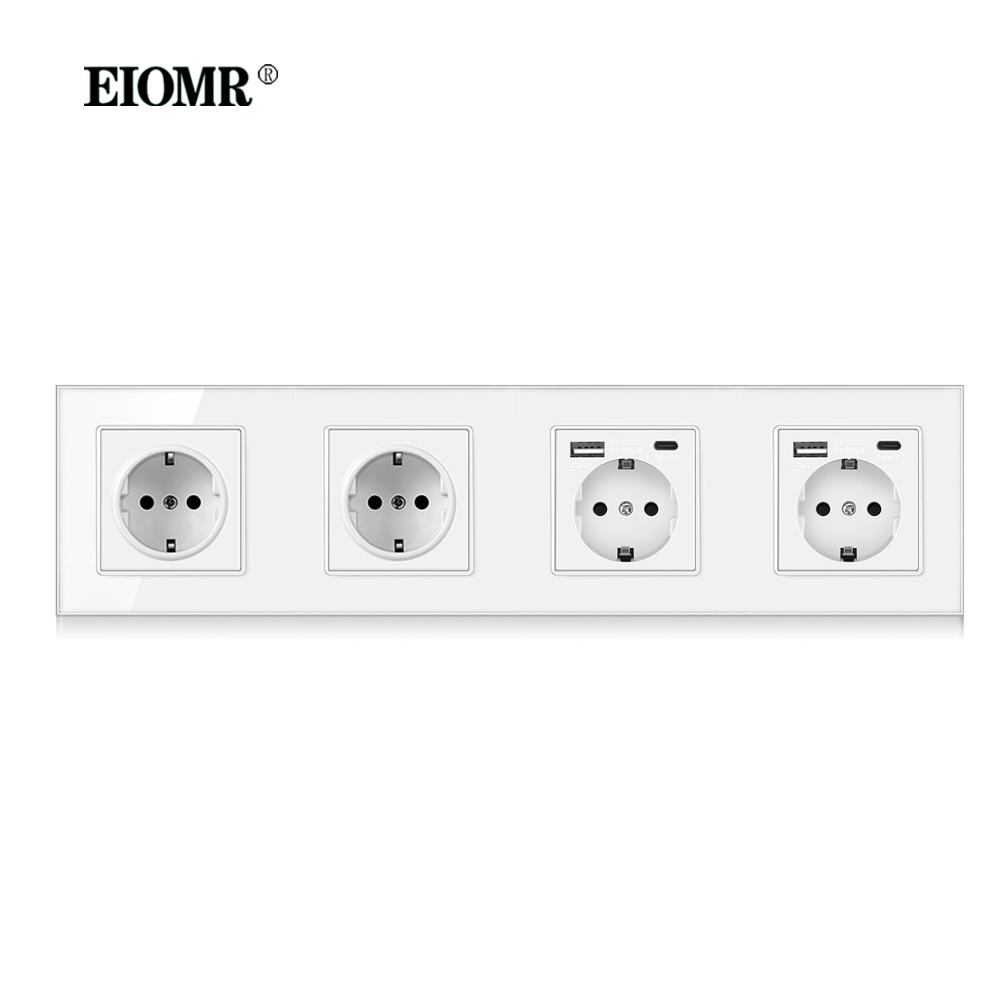 EIOMR Стандарт ЕС 16А Закаленное Хрустальное Стекло Панель Настенная Розетка Электророзетка Электрическая Вилка с USB 5В 2100мА AC110-250В Белый