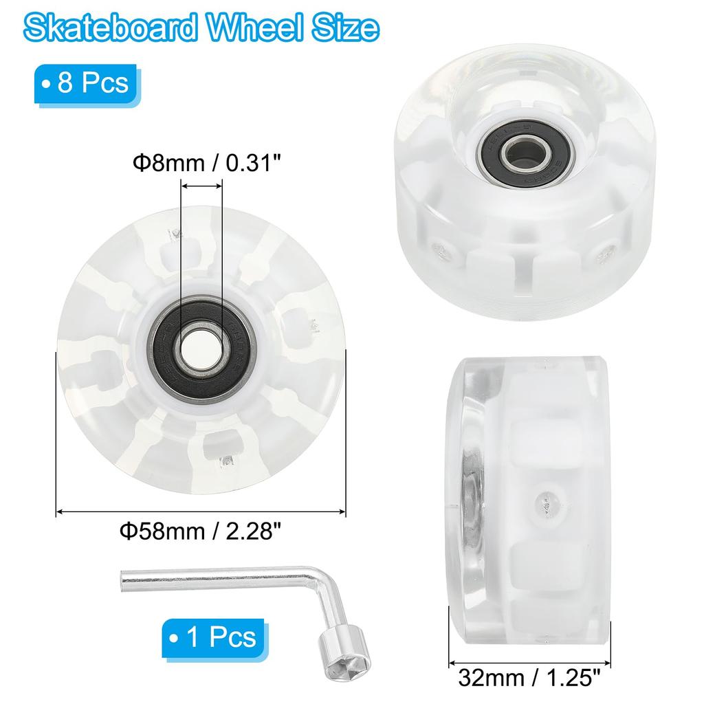 PATIKIL Roller Skate Wheel Set 8pcs 58mm 82A Light Up Skateboard Cruiser Wheel Set with Bearing Track Tool Kit for Outdoor Double Row Skating White