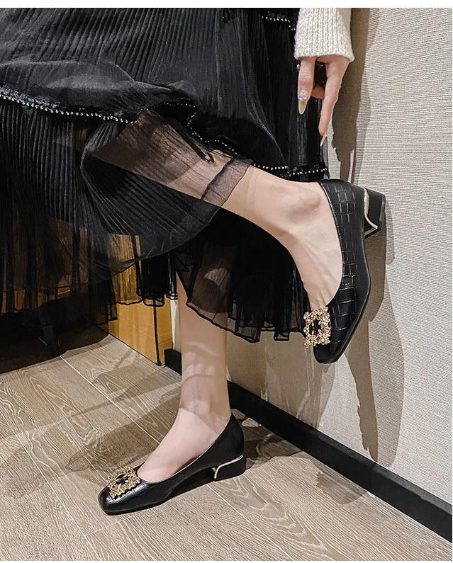 Spring New Shoes for Women Fashion Shiny Rhinestones Pumps New OL Square Toe Leather High Heels Shoes Ladies Boat Shoes 35-43