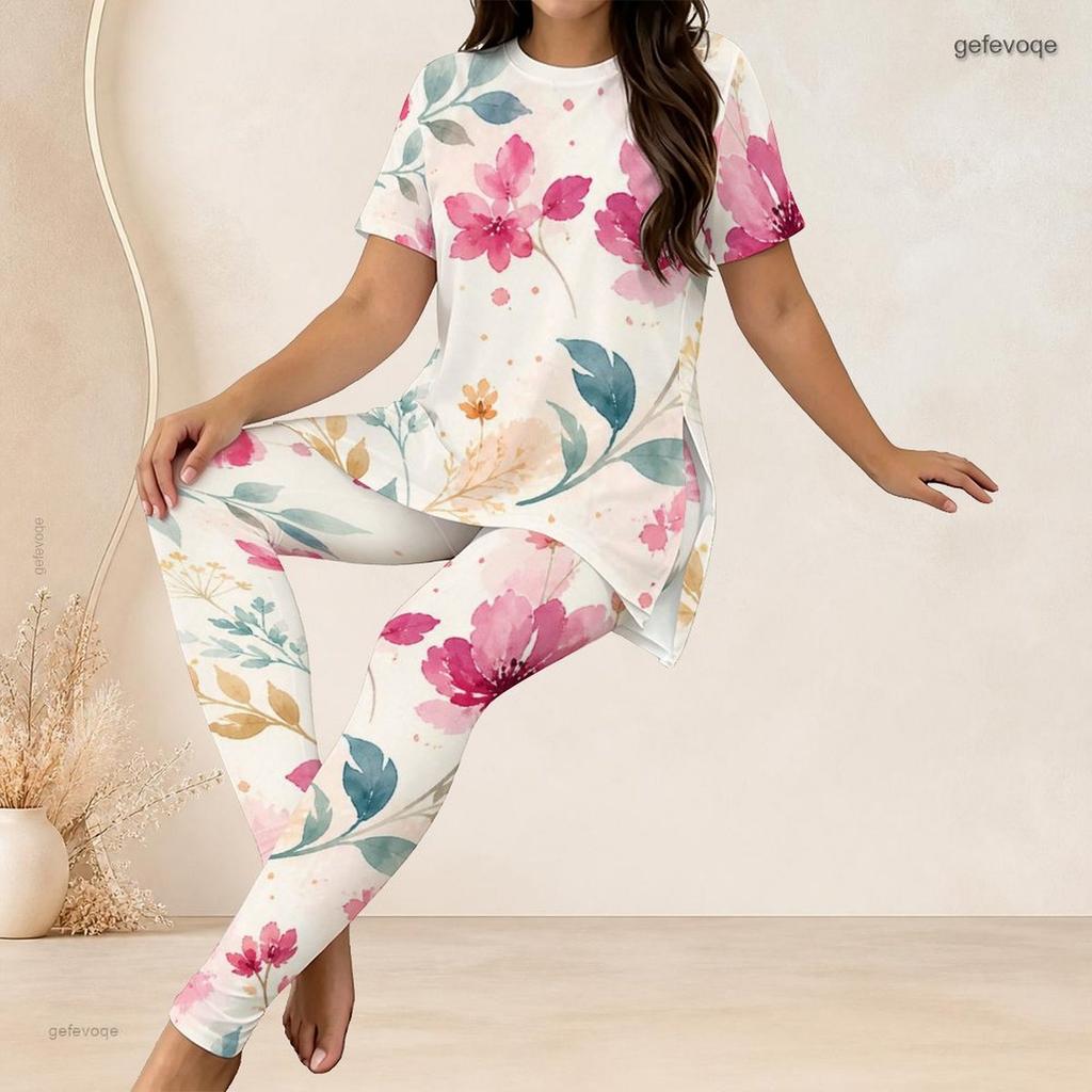 Women Plus Size Two Piece Set Round Neck Short Sleeve Floral Printed Longline Top Fitted Pants