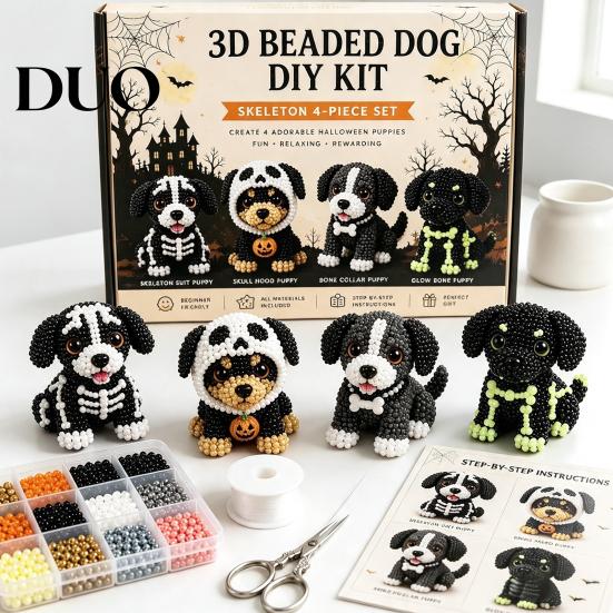 DIY Craft Set for Kids 3D Halloween Dog Art Set, Beaded Puppy Kit, Cute Plastic Beads Jewelry Crafts Animal Kit Beginners Adults, Home Desk