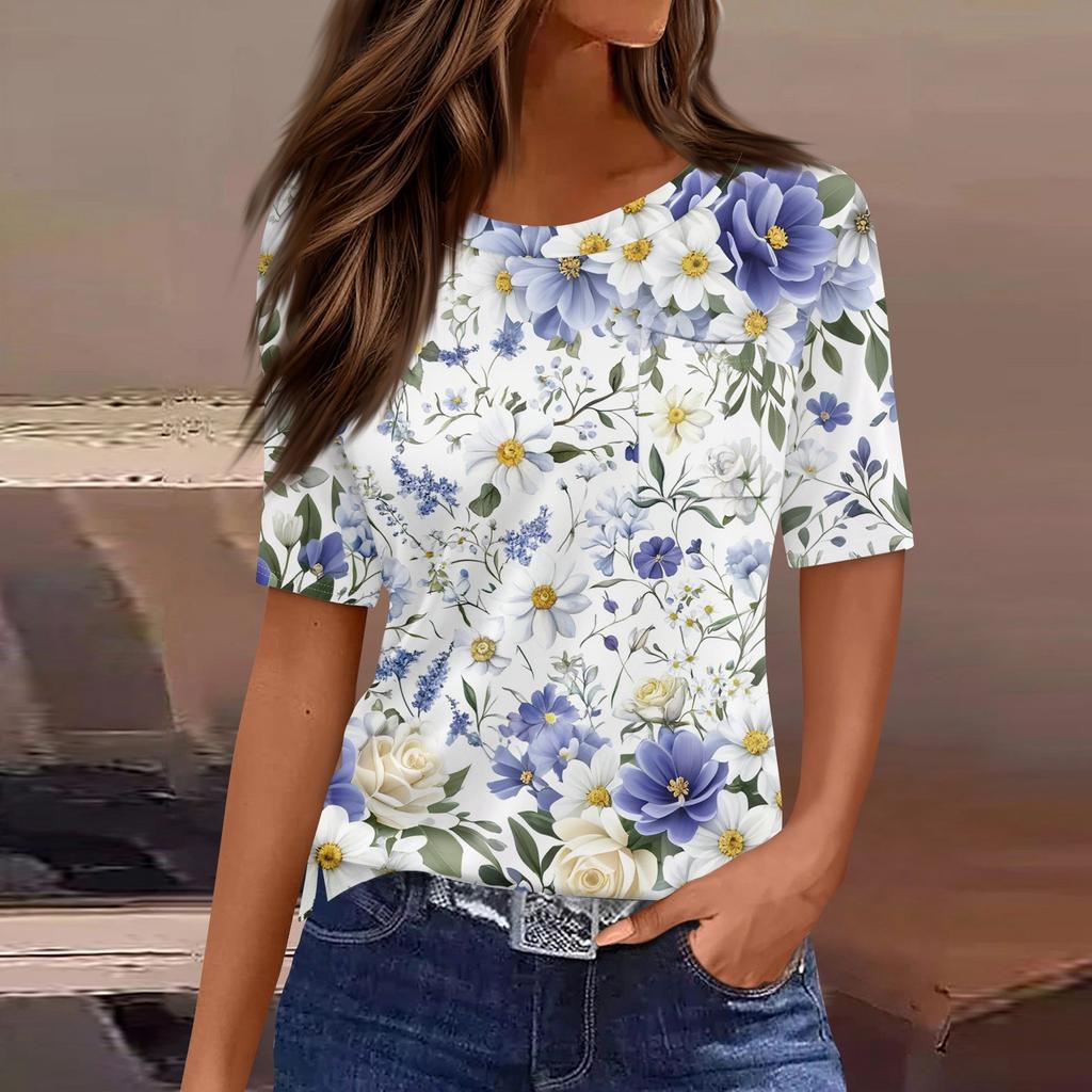 T Shirts For Women Round Neck Dressy Casual Blouses Printing Short Sleeve Summer Tops Loose Fit