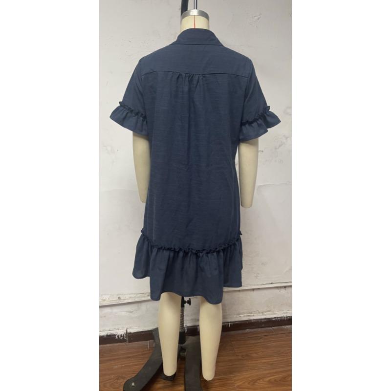 Lapel Collar Full Button Front Shirt Ruffle Straight Loose Shift Dress With Side Pockets Preppy College Style Breathable Vacation Flowy Women Sundress