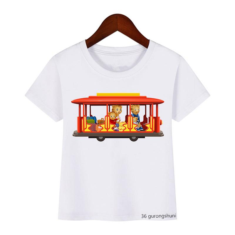 Модная детская футболка, милая футболка с мультяшным принтом Daniel Tiger's Neighborhood для мальчиков, летние футболки в стиле Харадзюку для девочек, белые топы