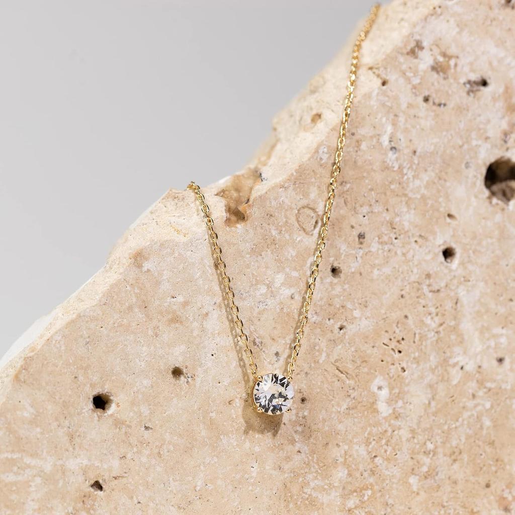 PAVOI 14K Gold Plated Crystal Solitaire 1.5 Carat (7.3mm) Cubic Zirconia Dainty Choker Necklace | Gold Necklaces for Women