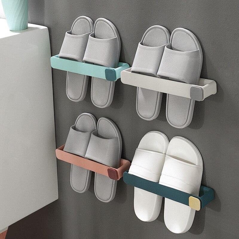 Wall Mounted One Piece Shoe Rack Bathroom Slipper Shelf No Punching Space Saving Shelf Bathroom Hanging Holder
