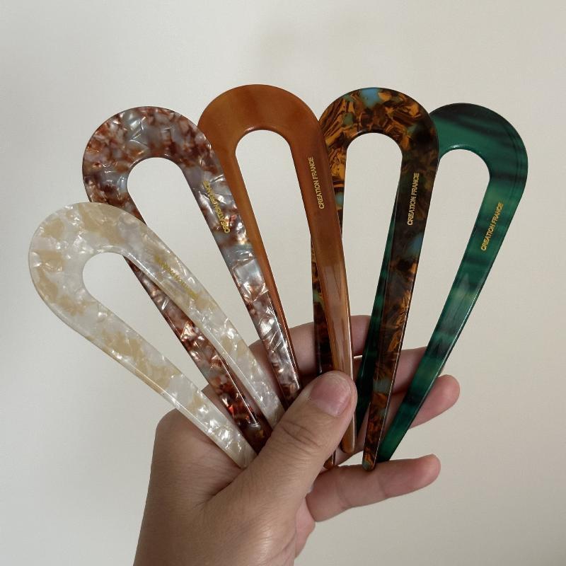 Large U Shaped Hair Forks Marble Acrylic Texture Strong Hold For Messy Bun Hairstyles Daily Wear Parties Office