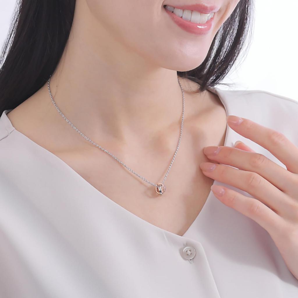 Парный набор ожерелий из 2 шт. Хирургическая сталь 316L Кубический цирконий Двойное кольцо Розовый Серебристый [White Clover] 40см/45см & 4SUP112GO&4SUP112SV