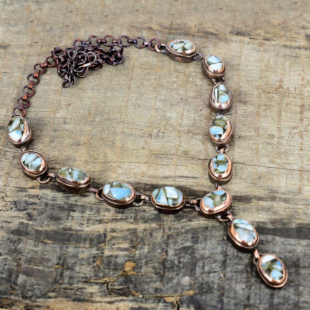 Медное колье с ларимаром, колье из электроформированной меди, колье с регулируемой цепочкой, медные украшения, колье с драгоценным камнем, украшения ручной работы для подарков