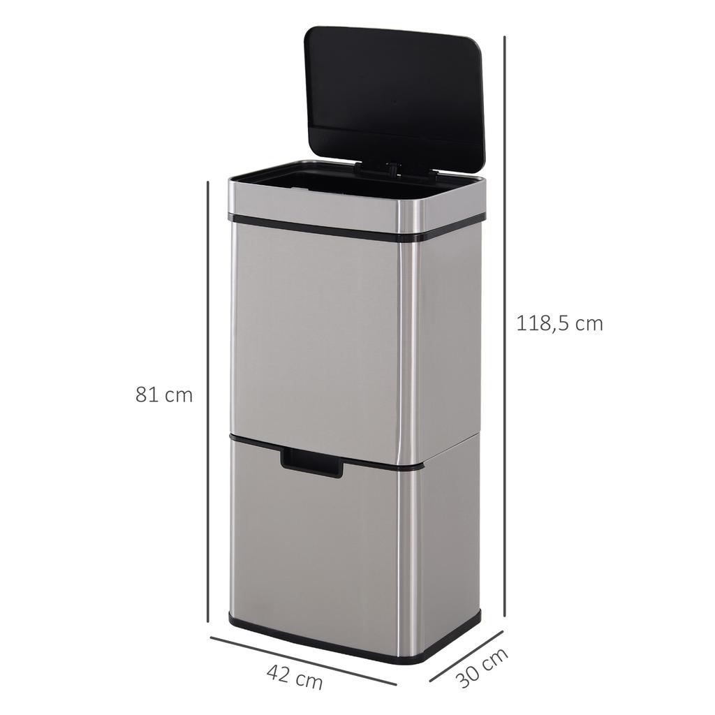 Sensor Bin with 2 Automatic Waste Bins, 47L and 2 x 12.5L, Motion Sensor, Stainless Steel, Silver