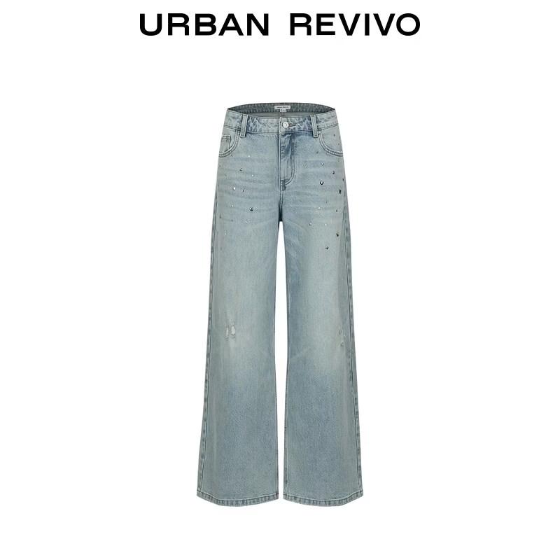 UR2026 Women's Washed Rivet Wide-Leg Jeans