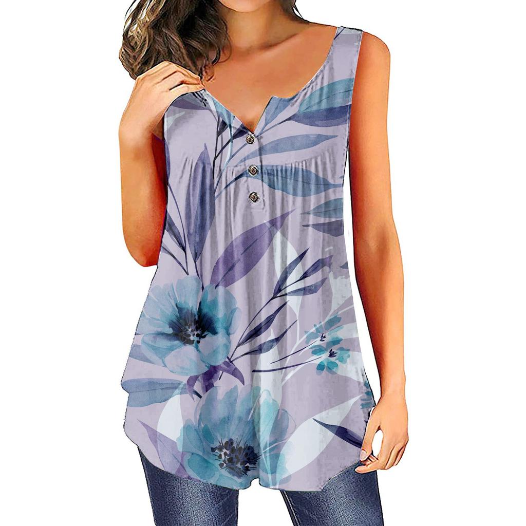 (SU)Женская мода с цветочным принтом плиссированная повседневная футболка без рукавов жилет на пуговицах