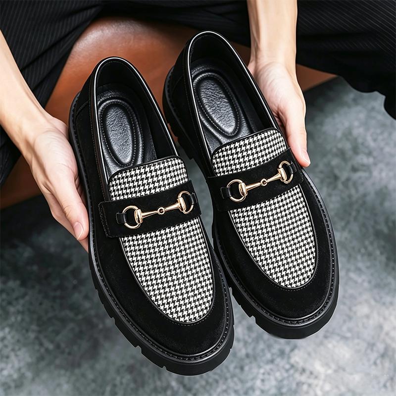 Men Punk Loafer Dress Elevator Shoes Height Increase Houndstooth Leather Shoes Thick Sole Platform Shoes Plus Size