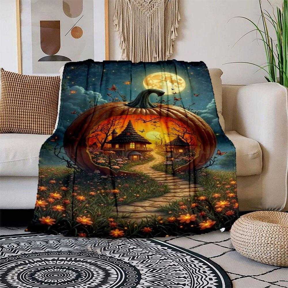 "Halloween Pumpkin House with Full Moon"Blanket Flannel Throw Blanket for Sofa, Bed, Travel, Camping, Office