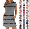 Ladies Fashion Casual Summer Stripe Print Short Sleeve Round Neck Loose Dress With Pockets