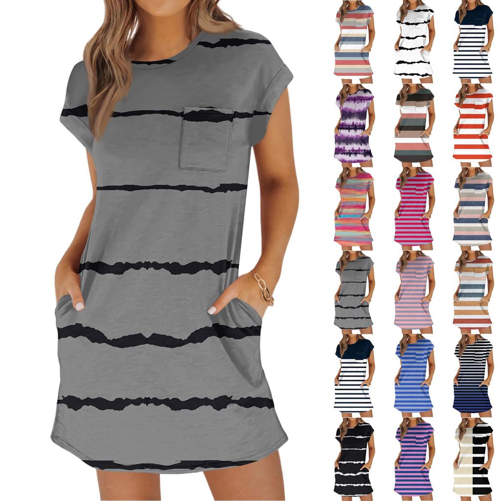 Женское модное повседневное летнее платье с полосатым принтом, коротким рукавом, круглым вырезом и карманами