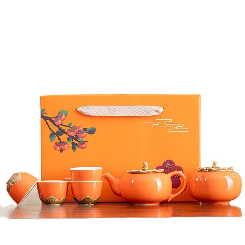 Creative activity gifts, cute wind persimmon ceramic tea set, teapot teacup for customers, business souvenir