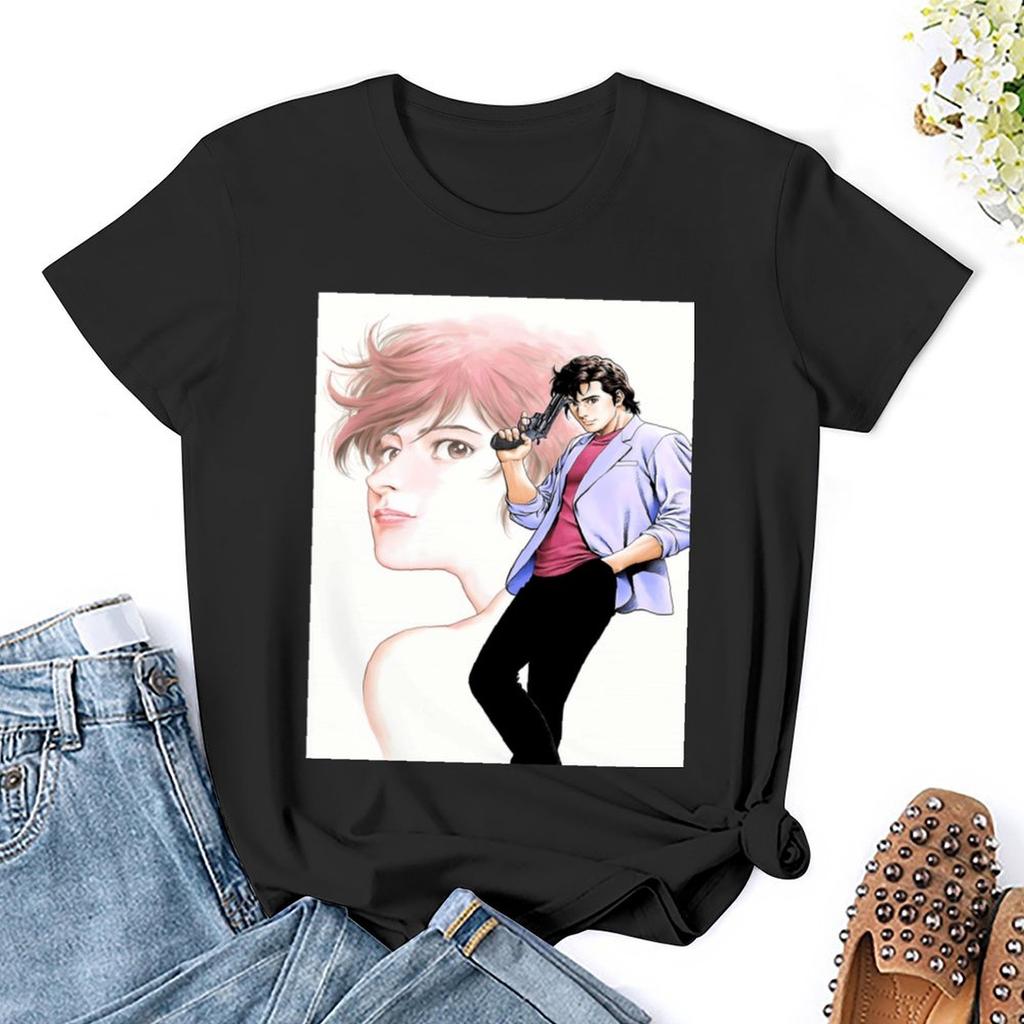 City Hunter (Nicky Larson) - Ryo Saeba & Kaori T-Shirt Kawaii Clothes Summer Tops Korean Fashion Animal Prinfor Women'S Clothing