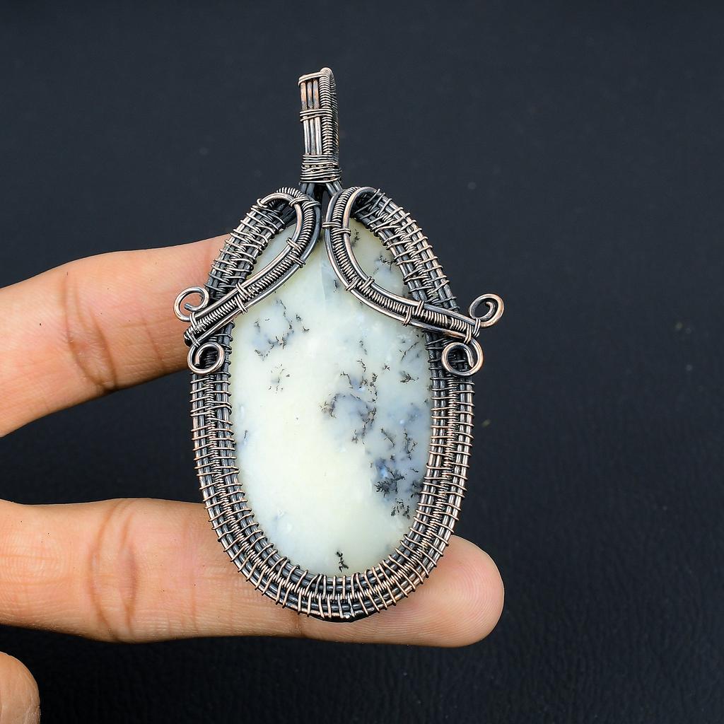 Natural Dendrite Opal Gemstone Handmade Copper Wire Wrap Pendant 3.54" E6J59