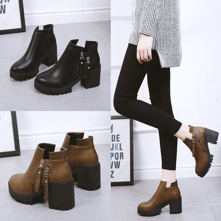 Autumn and Winter New European and American Fashion Thick Heel Waterproof Table Short Boots Women's High Heel Side Zipper Martin Boots
