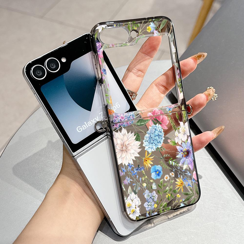 Летний Цветочный Модный Металлический Коннектор Чехол для Телефона для Samsung Galaxy Z Flip3 Flip4 Flip5 Flip6 Flip7 Конфетный Цвет Мягкий ТПУ Чехол