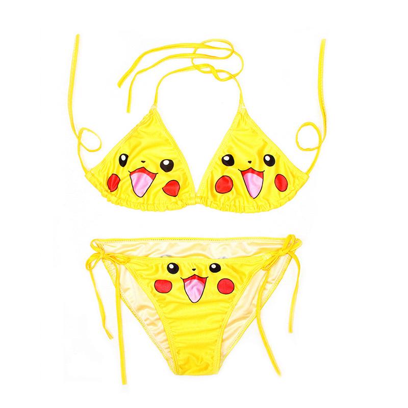 Pikachu Yellow Women's Halter Bikini - Sexy Triangle Swimsuit with Lace-Up Design