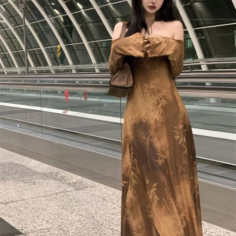 Элегантные повседневные женские винтажные платья с буквами, платье в стиле гранж с вырезом и длинными рукавами, модное милое платье с открытыми плечами Y2k Vestido De Mujer