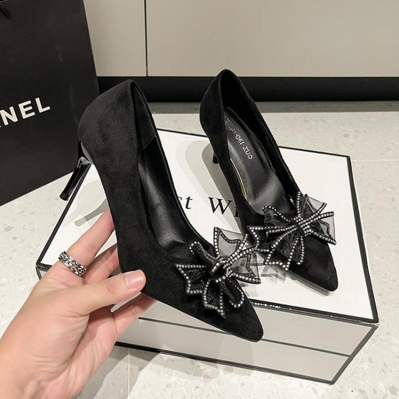 Fashion French High Heels 2024 New Solid Color Commuting Bow Decoration Pointed Thin Heel Luxury Design Work Women's Shoes Zapatos Mujer