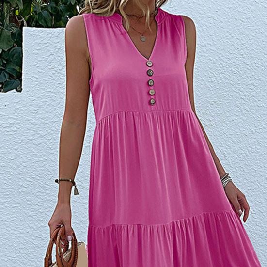 Женское летнее платье с V-образным вырезом без рукавов в стиле пэчворк, трапециевидный подол, чистый цвет, декор на пуговицах, большие качели, мягкое платье до середины икры для отдыха, пляжное платье миди