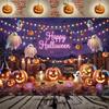 Neon pumpkin-themed party decoration for Halloween, backdrop with bat, spider, cute ghost, background-pl1632