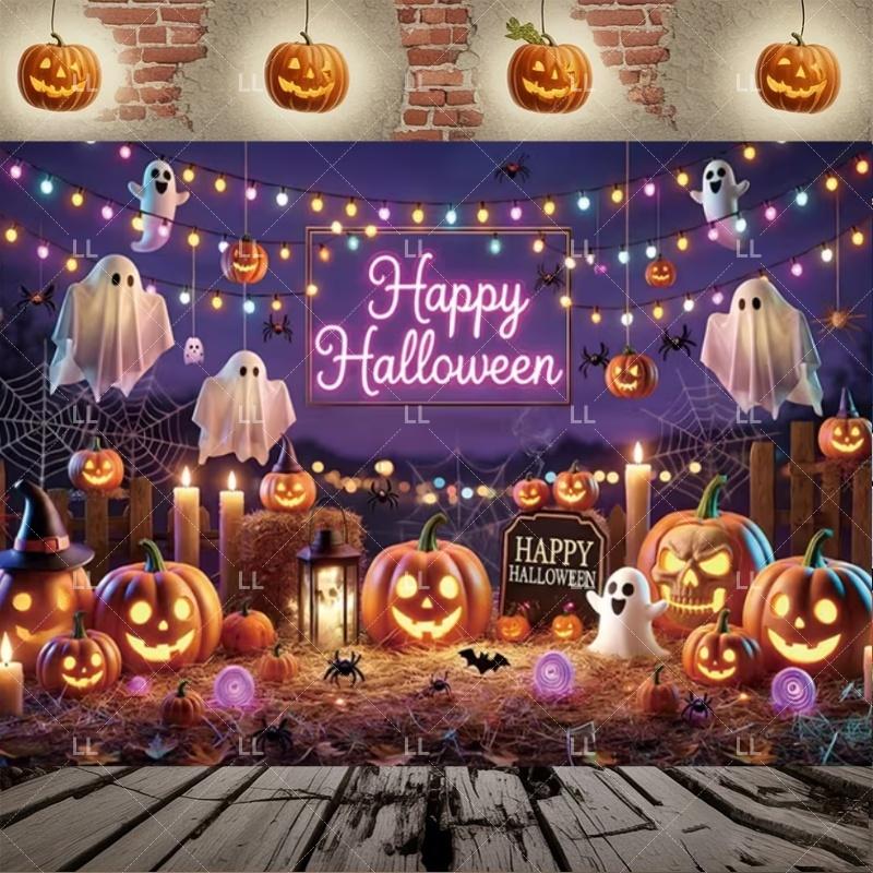 Neon pumpkin-themed party decoration for Halloween, backdrop with bat, spider, cute ghost, background-pl1632